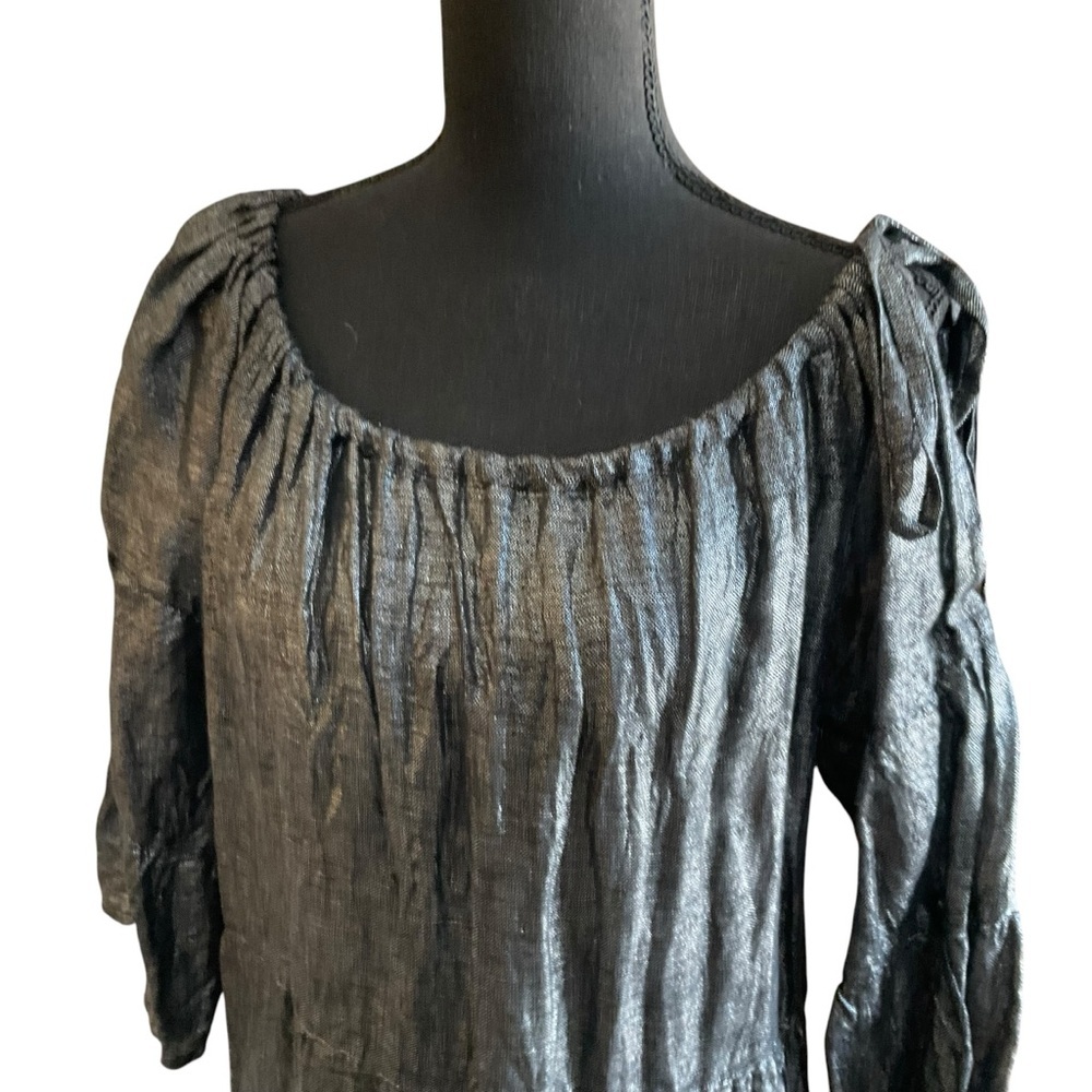 Zyga Ferry Black Linen Dress Size S Metallic Shimmer Boho Peasant Midi - Picture 5 of 10
